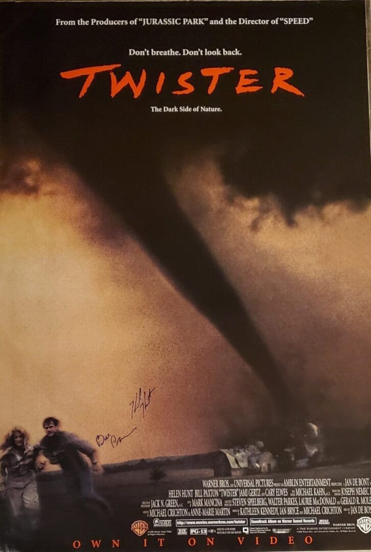 Twister poster: tornado looming over fleeing people